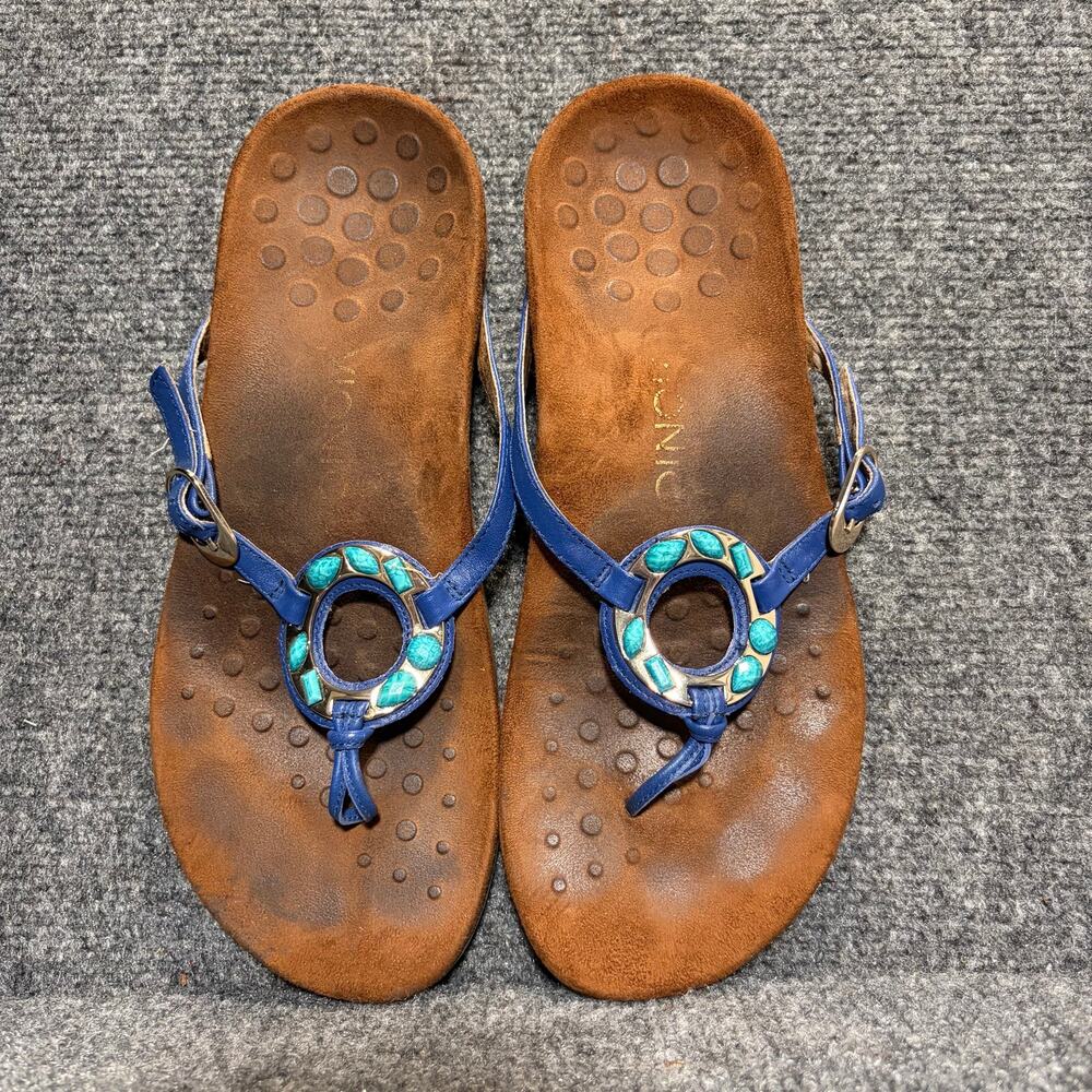 Vionic Blue Leather Turquoise Beaded Ring Thong Sandals Womens 9 Orthotic Shoe